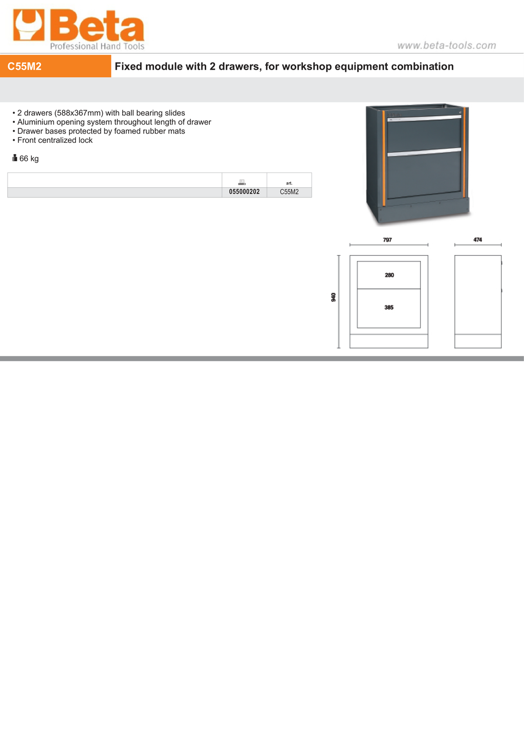 Fixed Module with 2 Drawers, Ball Bearing Slides, Central Lock, 588x367mm Drawers - BetaRSC55 C55M2