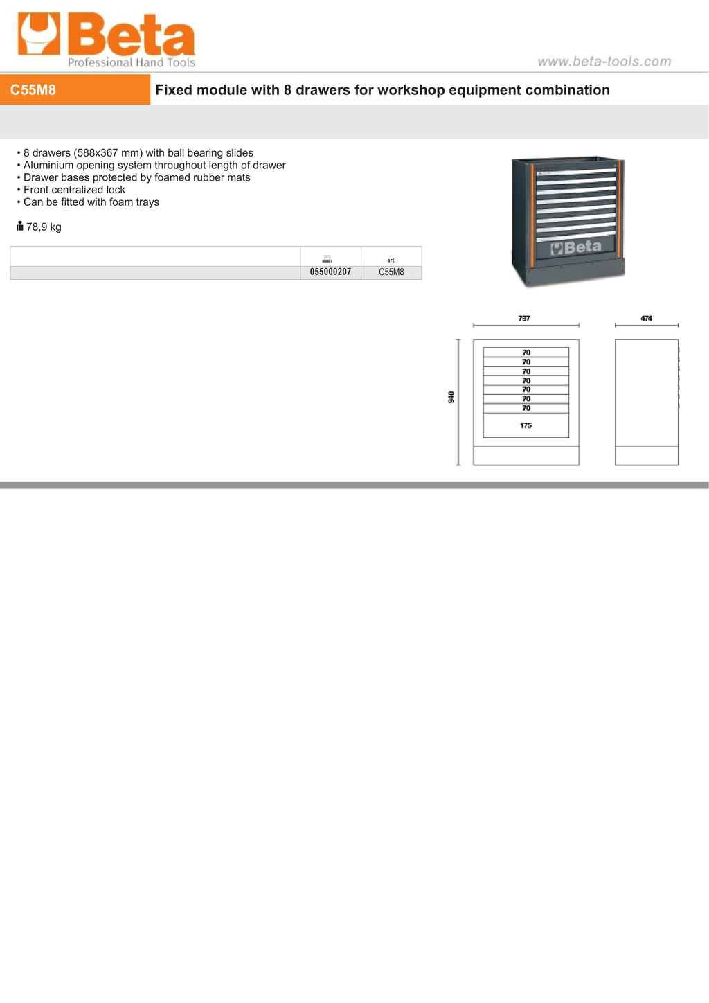 Fixed Module with 8 Drawers, Ball Bearing Slides, Central Lock, 588x367mm Drawers - BetaRSC55 C55M8
