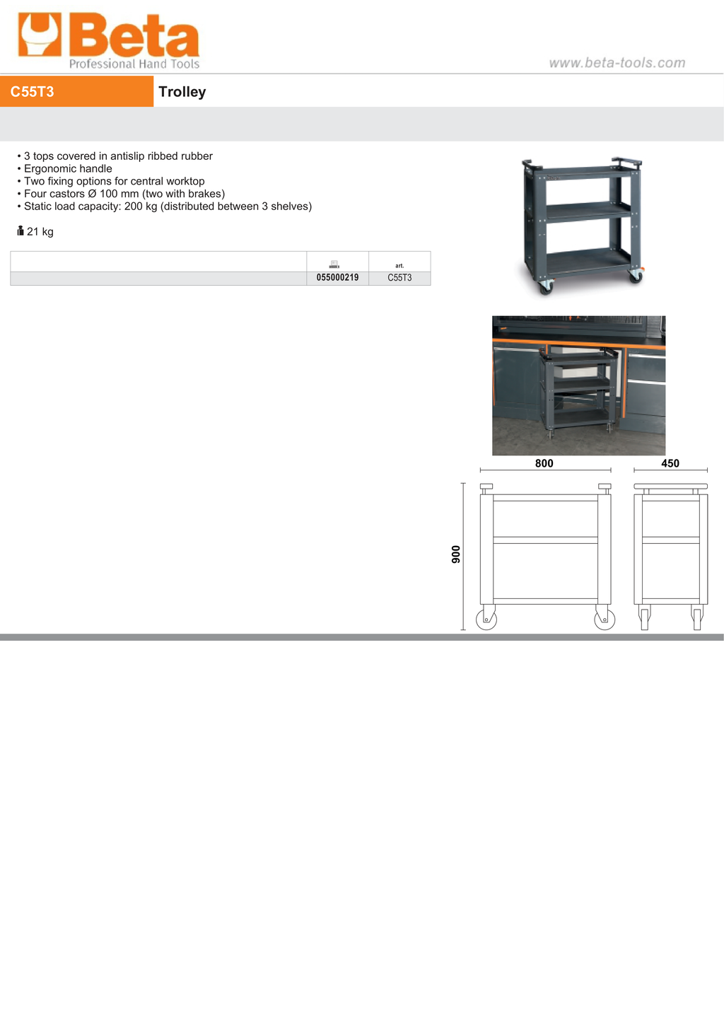 Trolley with 3 Antislip Rubber Tops, Ergonomic Handle, 100mm Castors, 200kg Load Capacity - BetaRSC55 C55T3