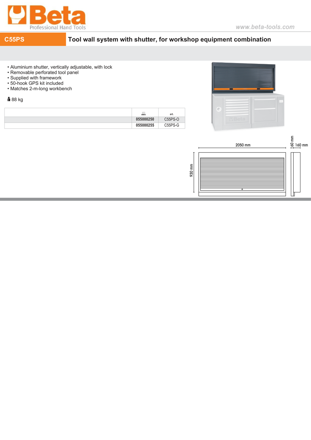 Tool Wall System with Lockable Adjustable Shutter, Perforated Panel, 50-Hook Kit, Fits 2m Workbench - BetaRSC55 C55PS-G