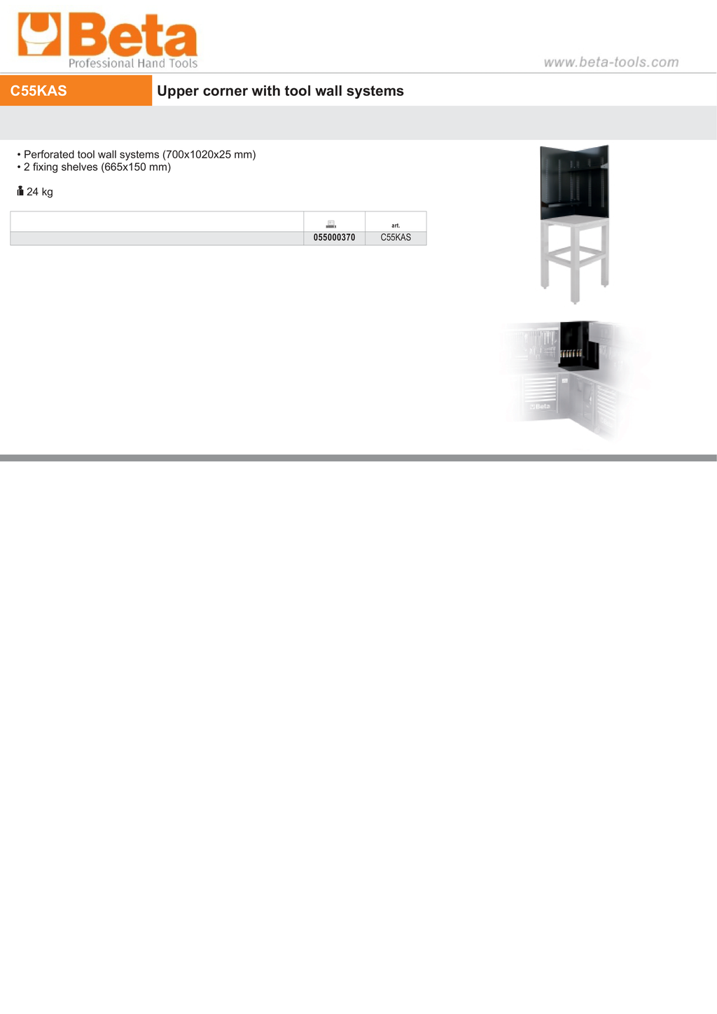 Upper Corner Tool Wall Systems, 700x1020x25mm, with Fixing Shelves - BetaRSC55 C55KAS