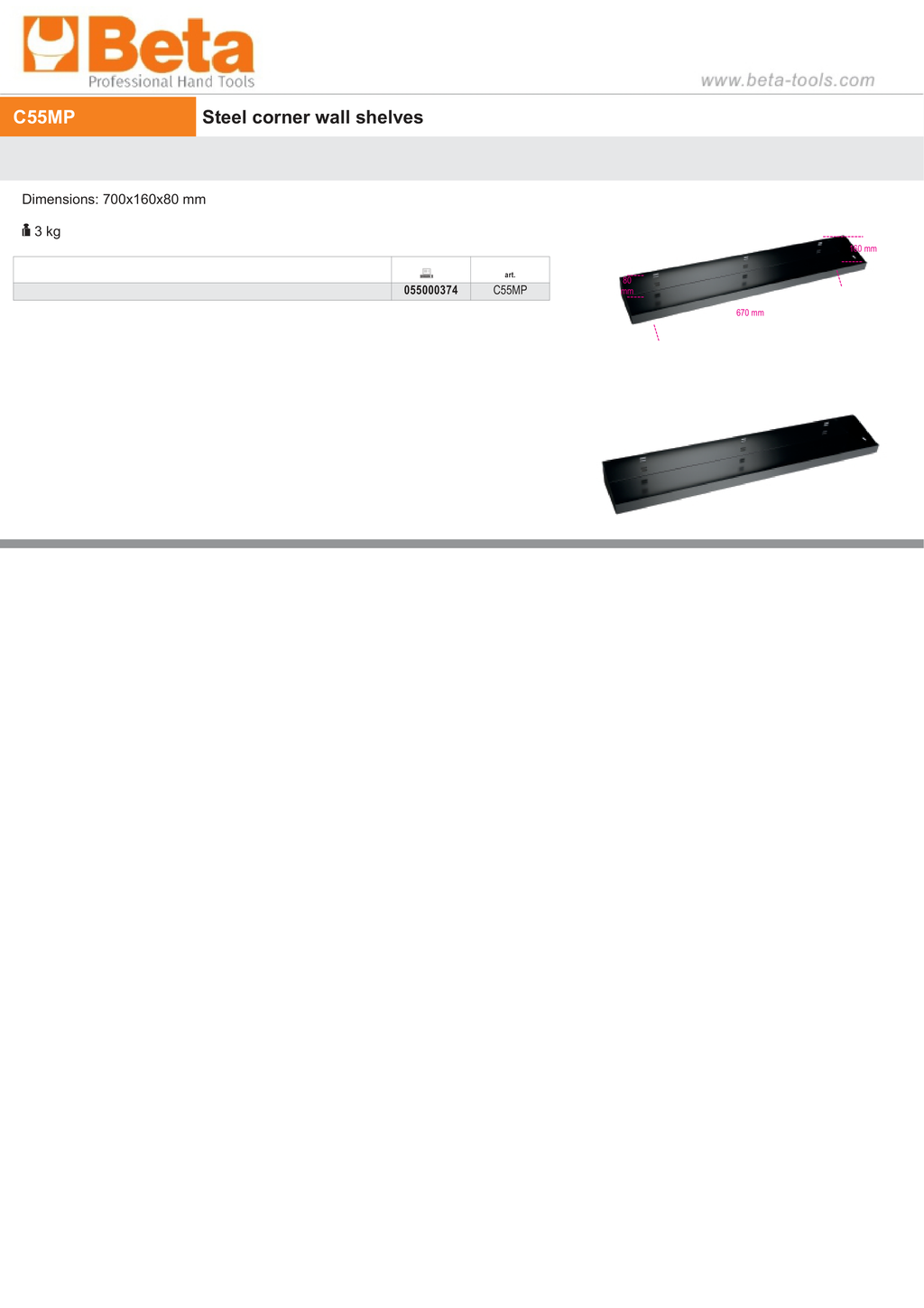 Steel Corner Wall Shelves, 700x160x80mm - BetaRSC55 C55MP