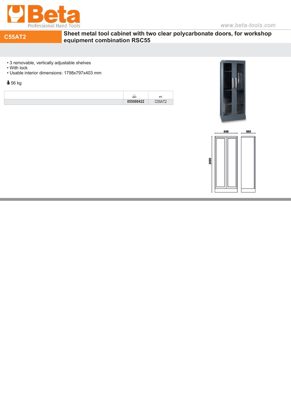 Tool Cabinet with Two Clear Polycarbonate Doors, 1798x797x403mm, Adjustable Shelves, Lockable - BetaRSC55 C55AT2