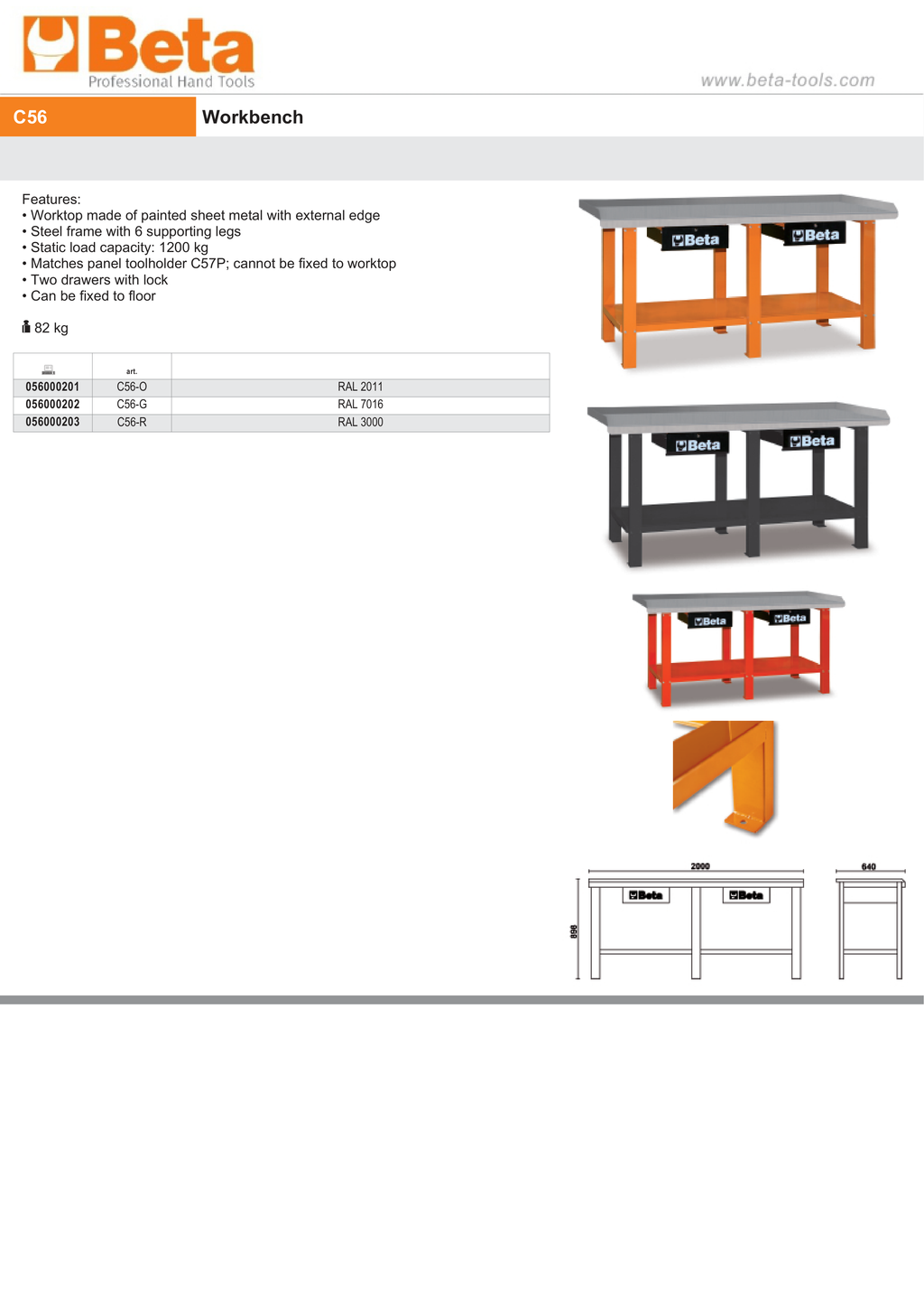Workbench with Painted Sheet Metal Worktop, 1200kg Capacity, Lockable Drawers - Beta Tools C56-O