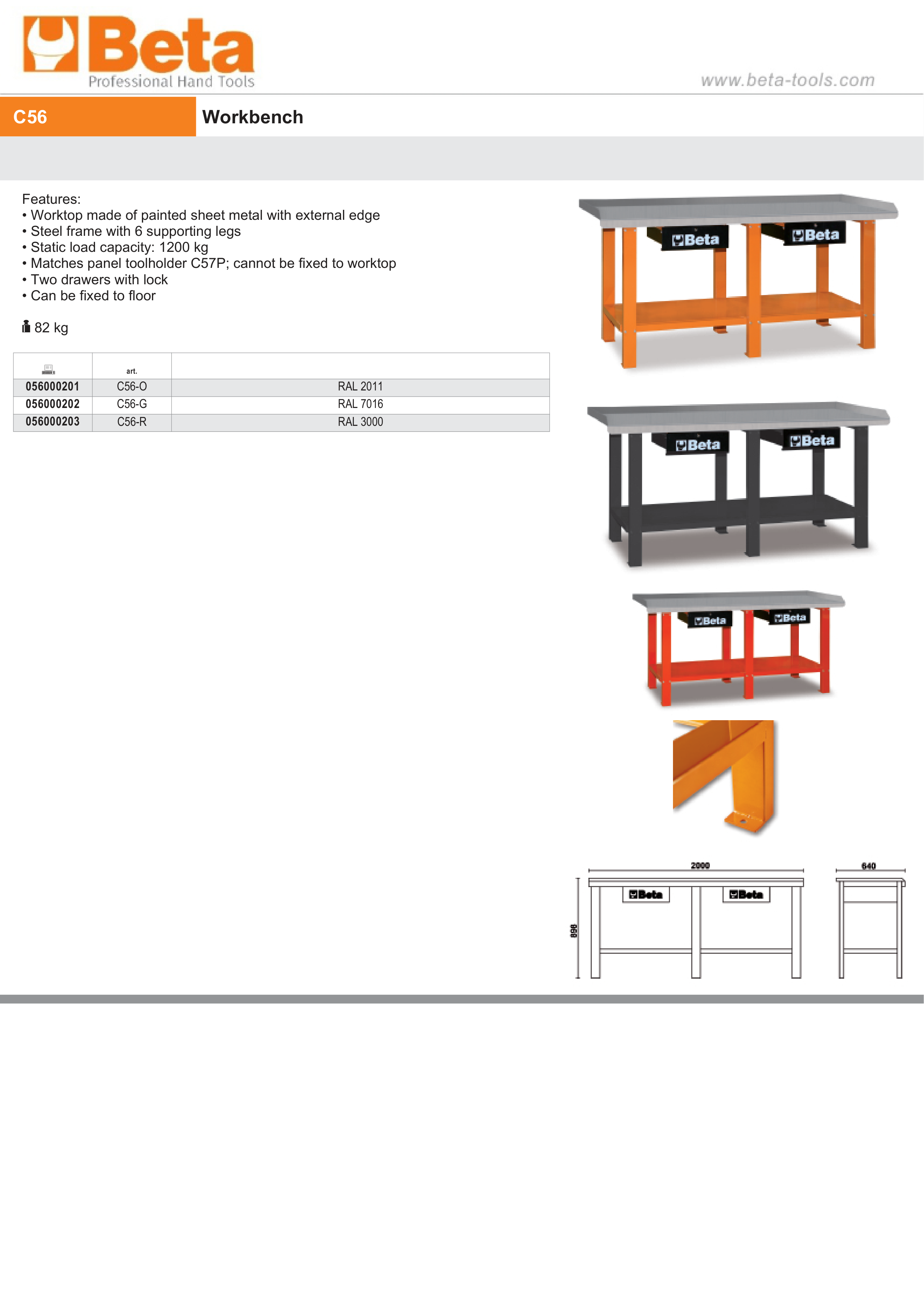 Workbench with Painted Sheet Metal Worktop, 1200kg Capacity, Lockable Drawers - Beta Tools C56-O