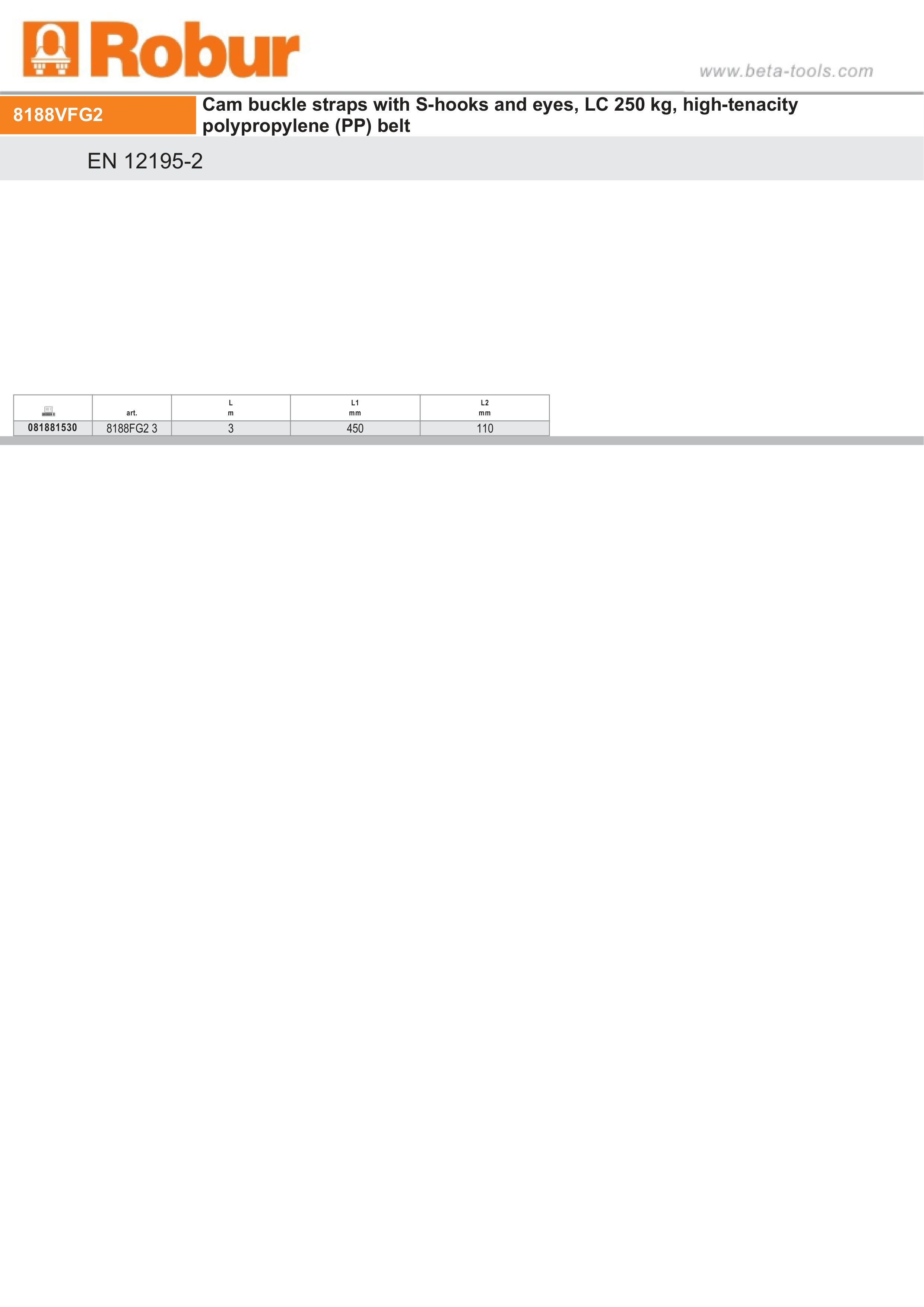 Cam Buckle Straps with S-Hooks and Eyes 250kg High-Tenacity Polypropylene 3m - Robur 8188FG2 3
