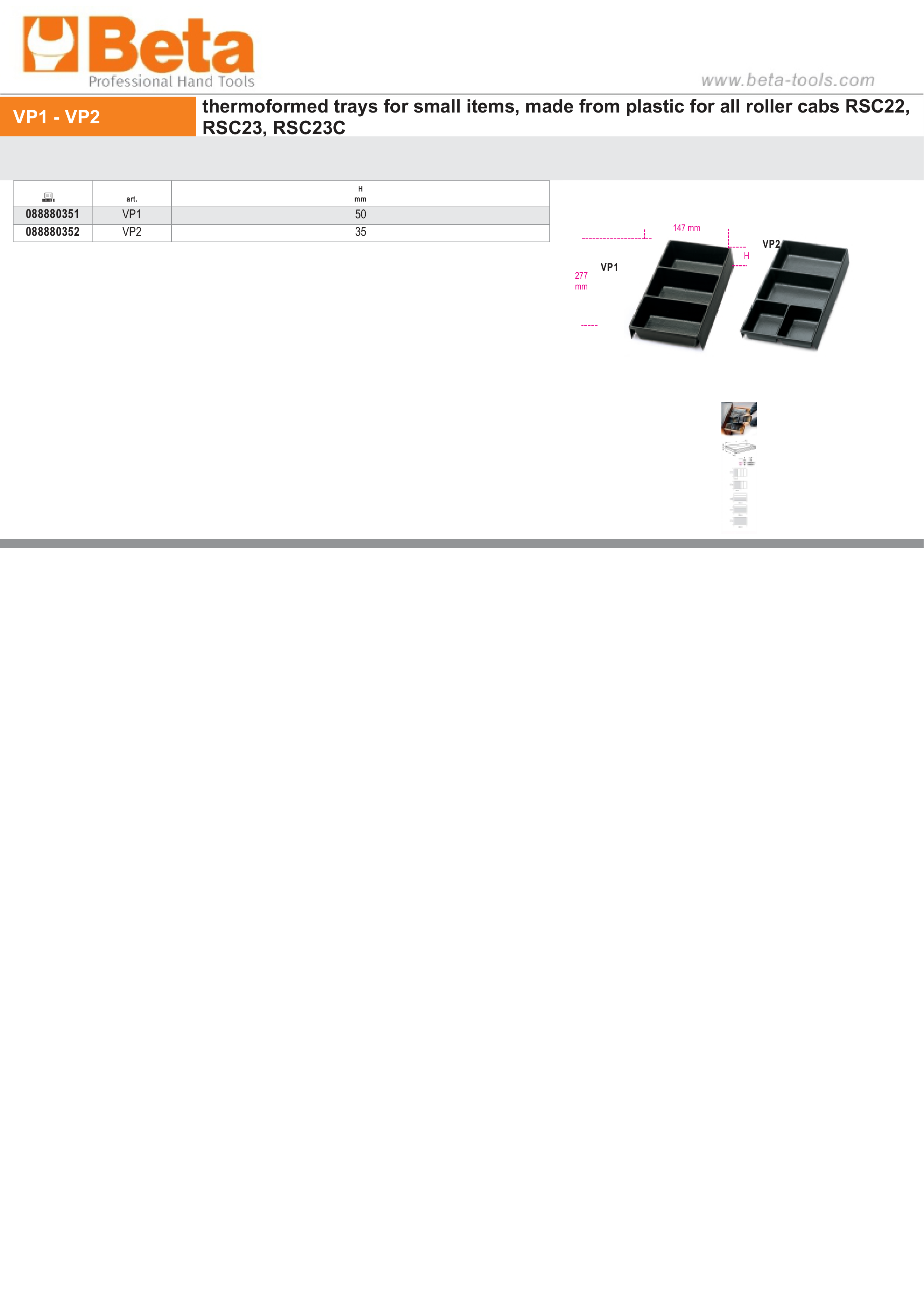 Thermoformed Trays for Small Items 35mm for Roller Cabs RSC22 RSC23 RSC23C - Beta Tools VP2