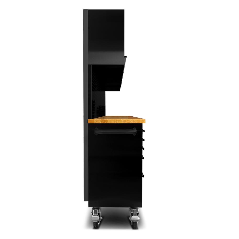 72 Matte Black Steel 15 Drawer Tool Chest with Solid Wooden Top, 3 Upper Cabinets and Peg Board