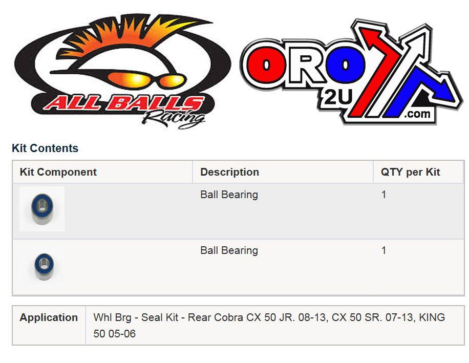 WHEEL BEARING KIT REAR 05-13 COBRA CX/KING 50, ALLBALLS 25-1681 DIRT