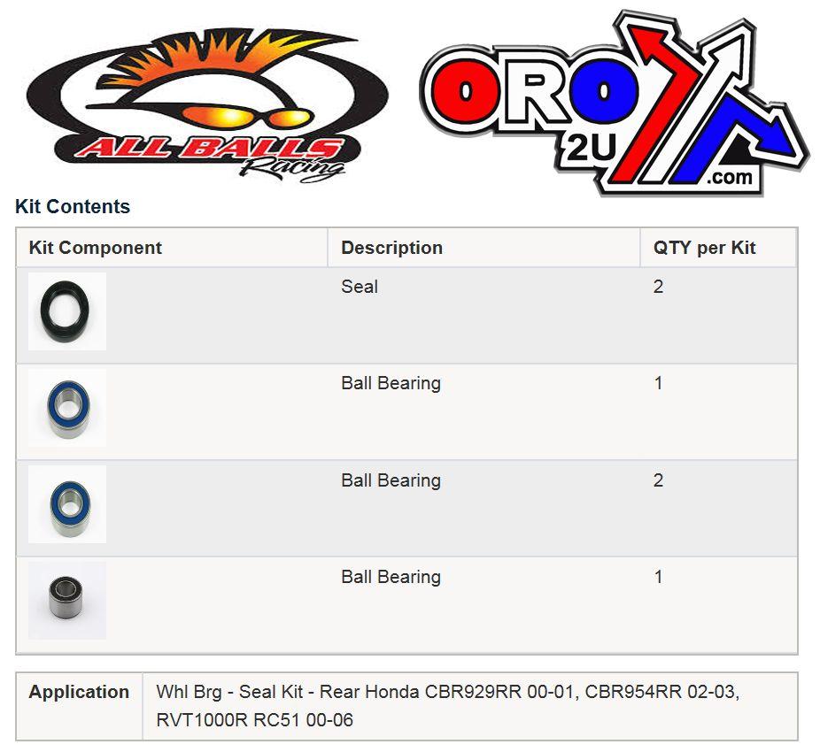 WHEEL BEARING KIT REAR 00-06 HON CBR929/954/RVT1000 RC51, ALLBALLS 25-1657 ROAD