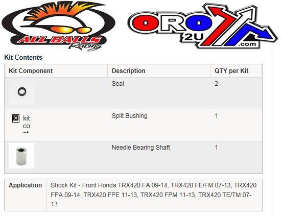 FRONT SHOCK BUSHING KIT TRX420, ALLBALLS 21-1009 HONDA ATV 91351-HN0-671, 52452-GW6-003, 51486-HN6-003