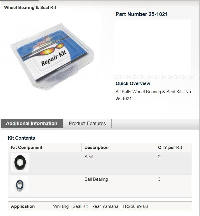 WHEEL BEARING KIT REAR 99-06 YAMAHA TTR250, ALLBALLS 25-1021 ROAD/DIRT
