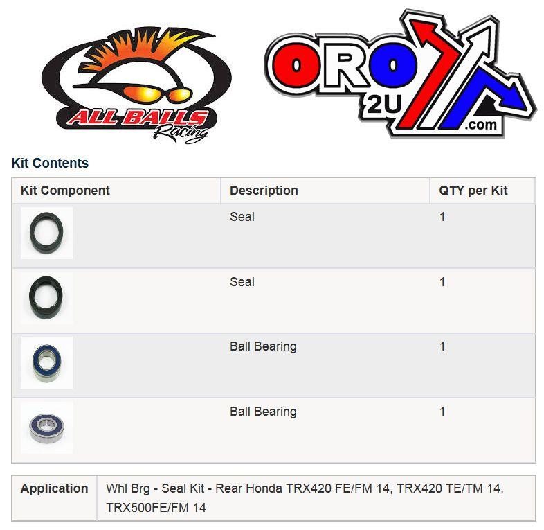 WHEEL BEARING KIT REAR 14-22 HONDA TRX 420-520, ALLBALLS 25-1689 ATV