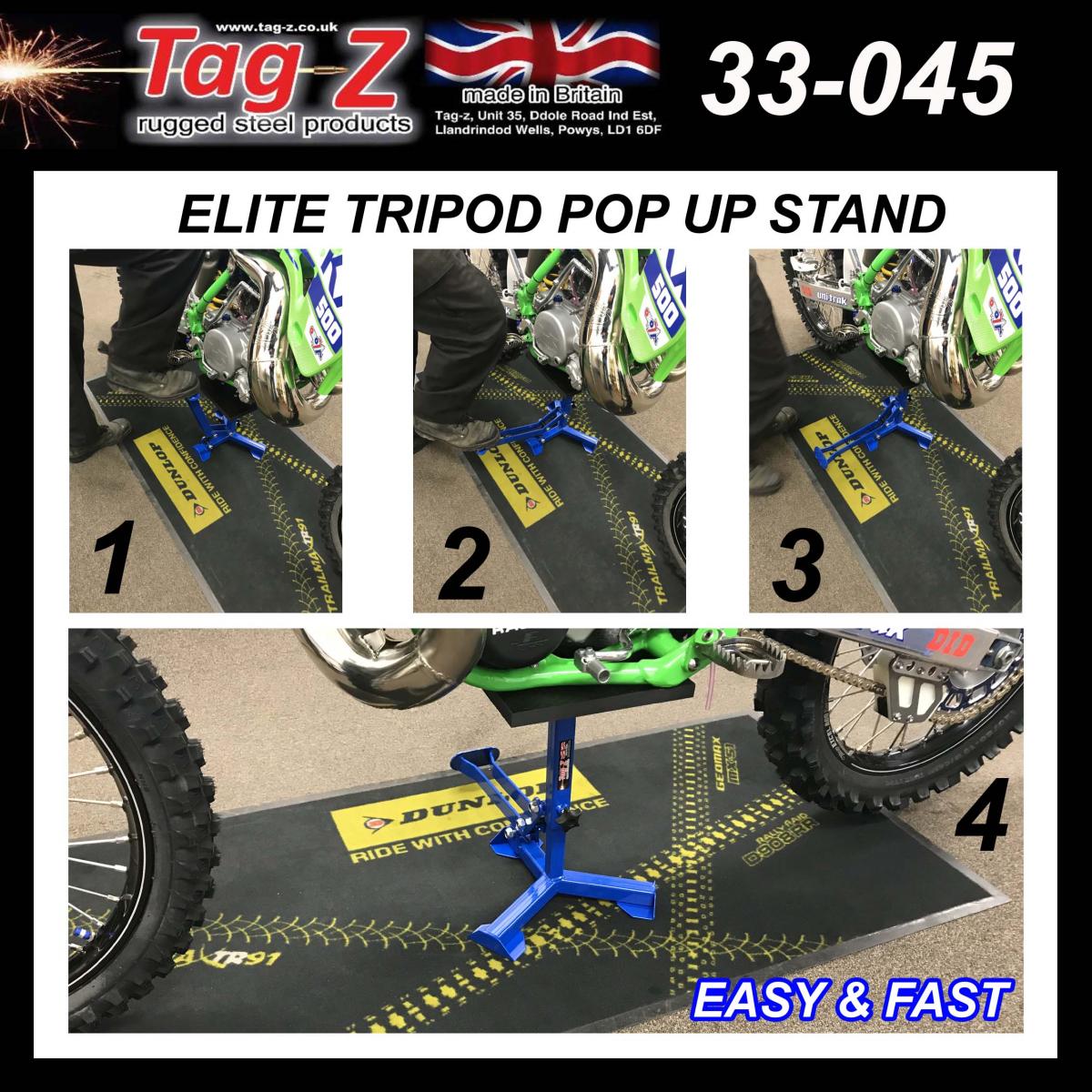 ELITE TRIPOD POP UP STAND, BIG FEET / GLOSS RED / TAG-Z, MX STAND PIT PADDOCK ENDURO