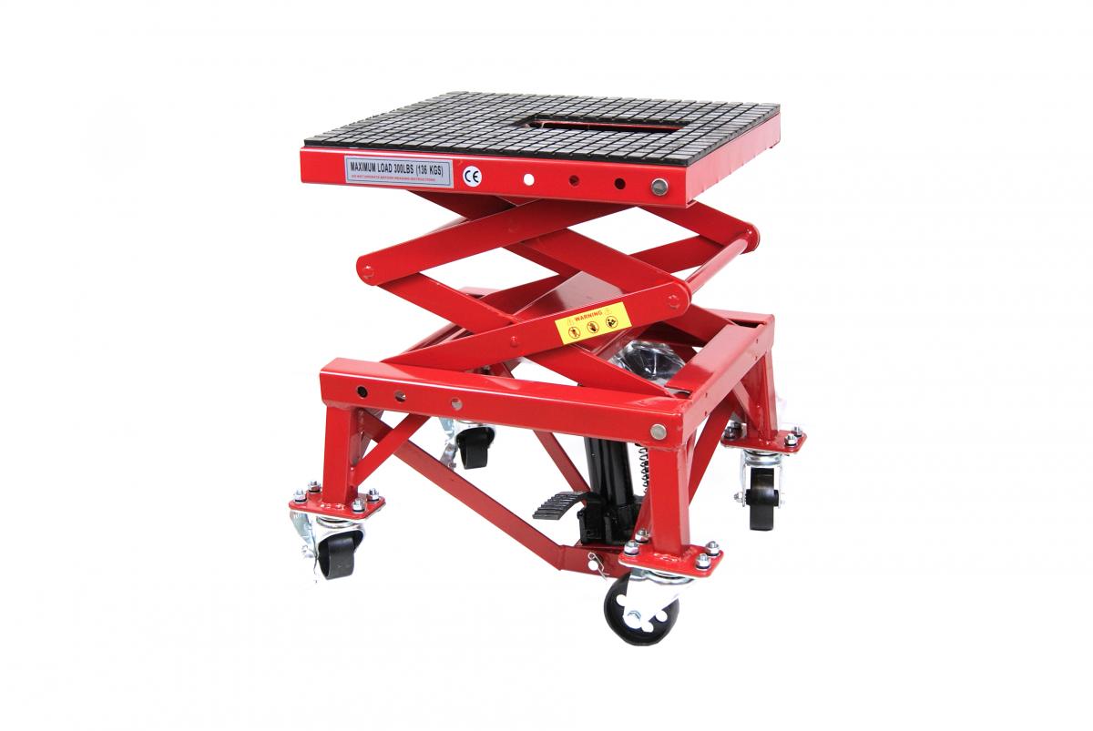 WHEEL ABOUT LIFT HDY 135KGS, RED HYDRAULIC SCISSOR STAND, MAX LIFT WEIGHT 135 KGS