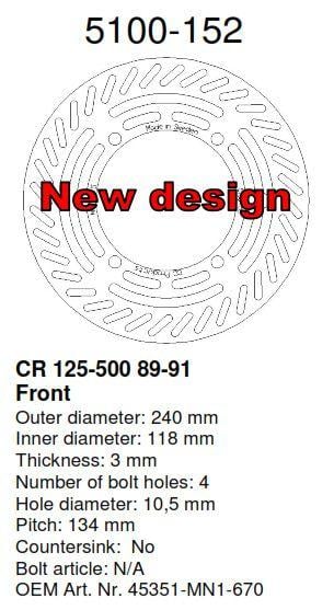 DISC BRAKE FRONT CR XR HONDA, CROSS-CENTER PRODUCT 5100-152 [Made in Sweden]