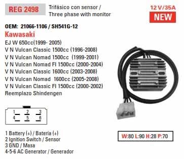 RECTIFIER / REGULATOR 12V VN1500 Vulcan, ARROWHEAD 230-58232, 21066-1106, SH541G12, STREET