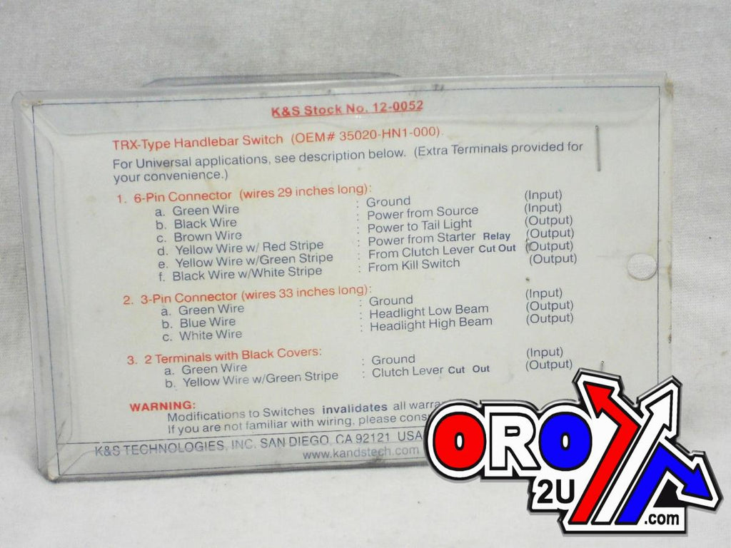SWITCH LIGHT START, KILL, HONDA TRX 35020-HN1-00, K&S KS12-0052