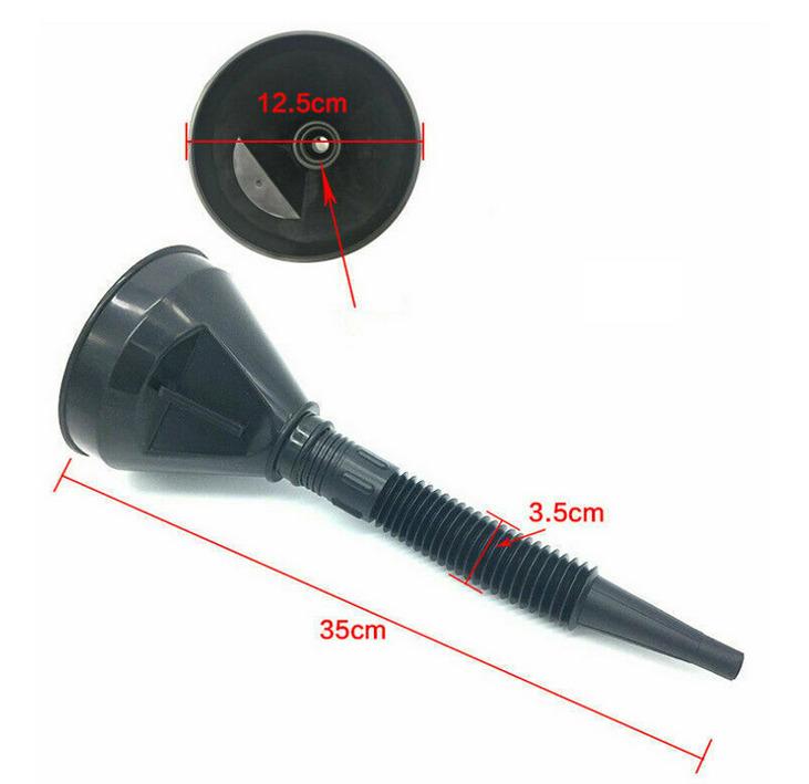 PLASTIC FLEXIBLE FUNNEL BLACK, 290MM LONG WITH FILTER MESH