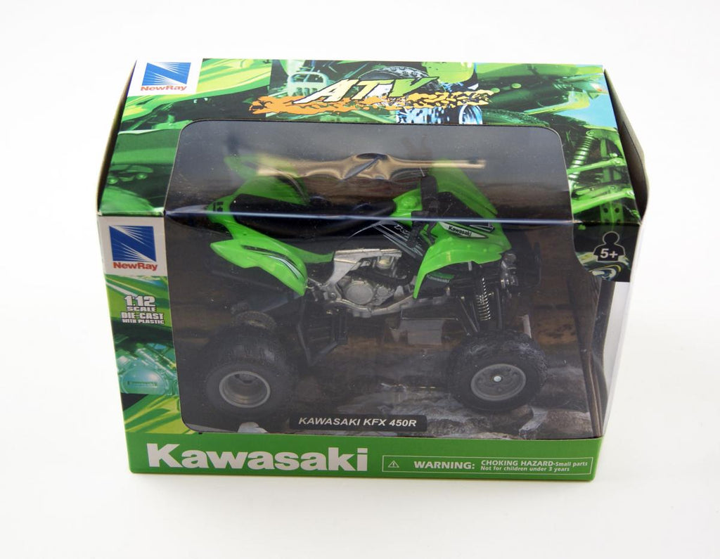 MODEL DIE CAST KAWASAKI KFX 450 R, 2012, GREEN AND BLACK, SCALE 1:12, NEWRAY 57503, ATV