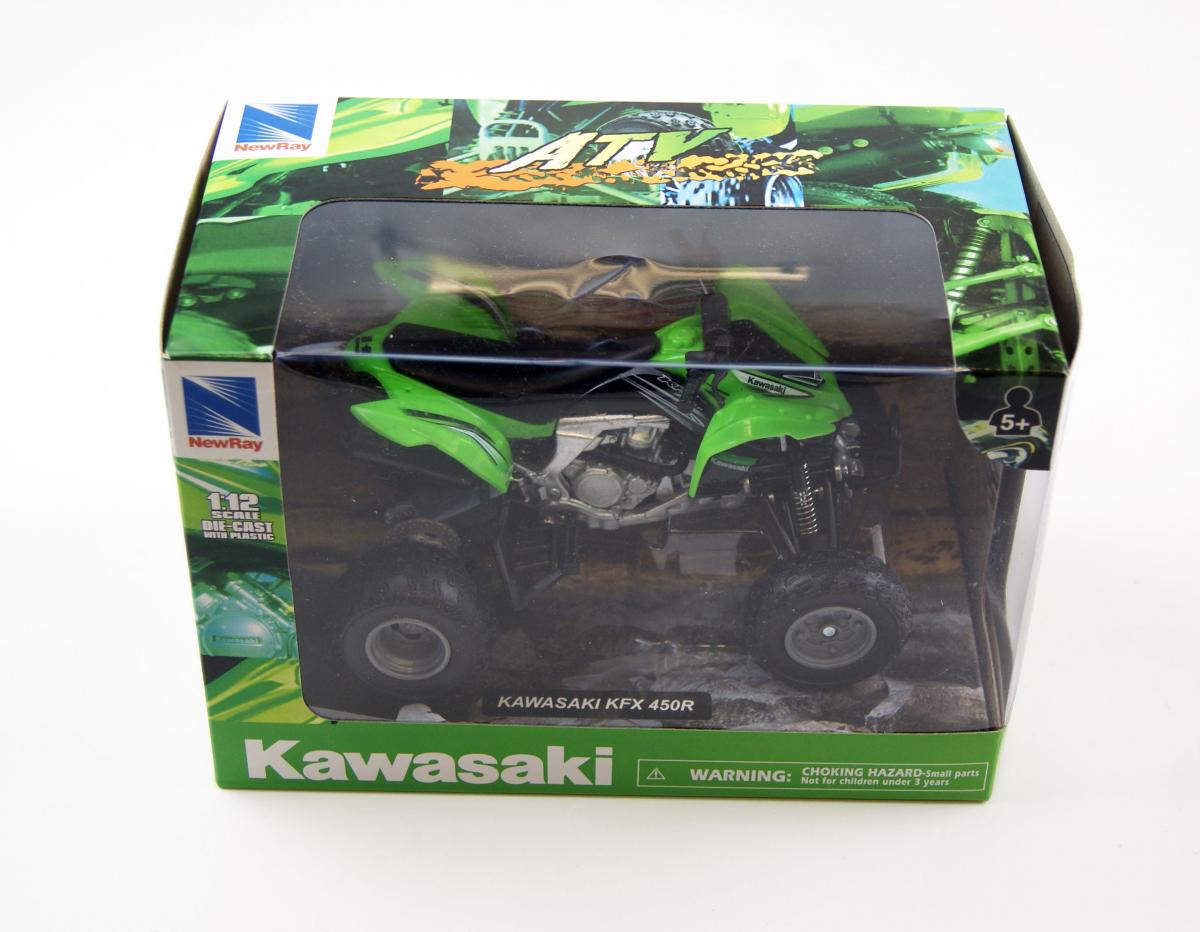 MODEL DIE CAST KAWASAKI KFX 450 R, 2012, GREEN AND BLACK, SCALE 1:12, NEWRAY 57503, ATV