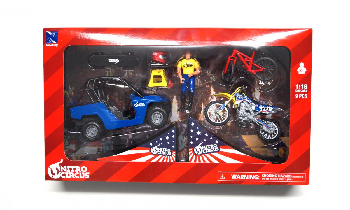 MODEL DIE CAST NITRO CIRCUS PLAY SET, WITH PASTRANA MX BIKE, 1:18 SCALE, NEWRAY 67685