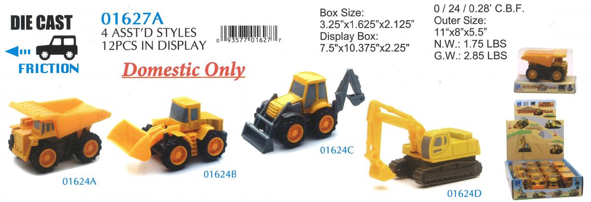 MODEL DIE CAST MINI CONSTRUCTION VEHICLES, PULL-BACK, 4 STYLES, 12 PIECES, SCALE 1:32, NEWRAY 01627A 01624A 01624B 01624C 01624D