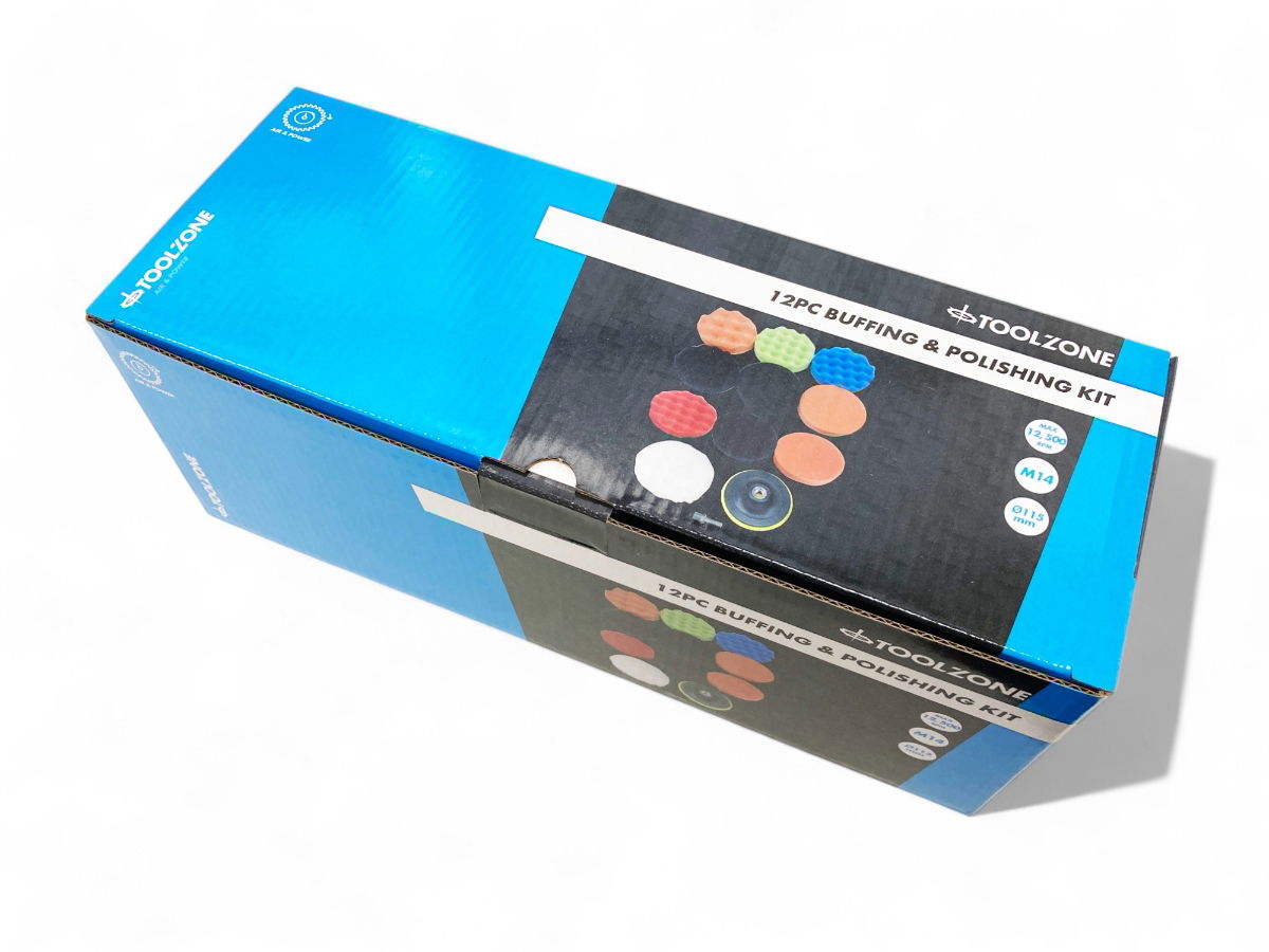 BUFFING AND POLISHING KIT 12 PIECES 115mm WITH HOOK AND LOOP ADAPTOR - TOOLZONE KDPAB172
