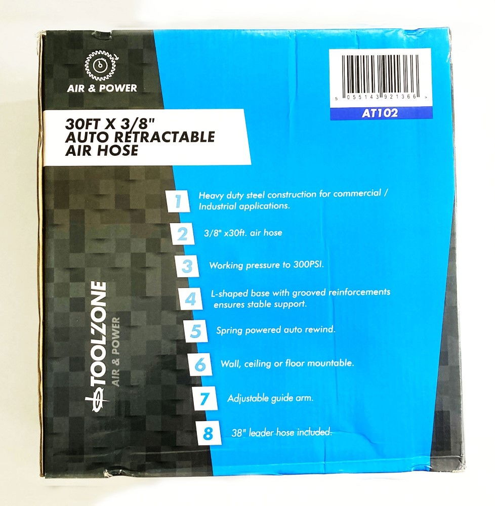 RETRACTABLE AIR HOSE 30ft 3/8 WORKING PRESSURE 300psi AUTO REWIND - TOOLZONE KDPAT102