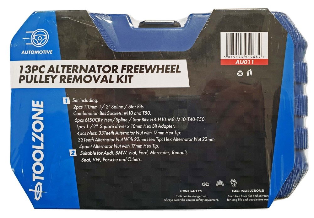 ALTERNATOR FREEWHEEL PULLEY REMOVAL SET 13pc WITH BIT SOCKETS - TOOLZONE KDPAU011