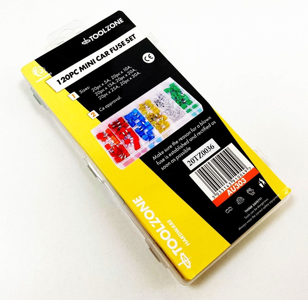 CAR FUSES MINI BLADE 120pc ASSORTED 5a-30a - TOOLZONE KDPAU303