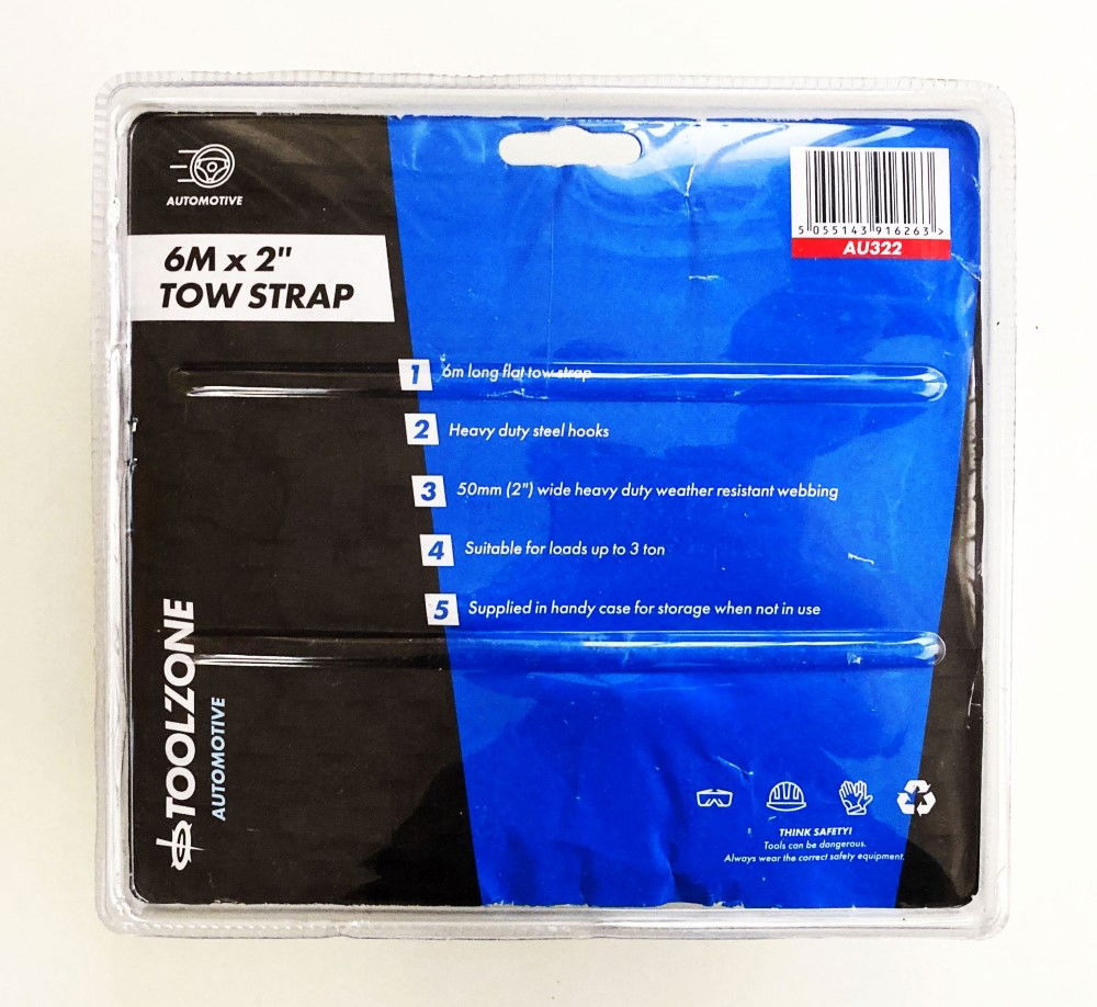 TOW STRAP 2 x 6m 3tonne WITH STEEL HOOKS - TOOLZONE KDPAU322