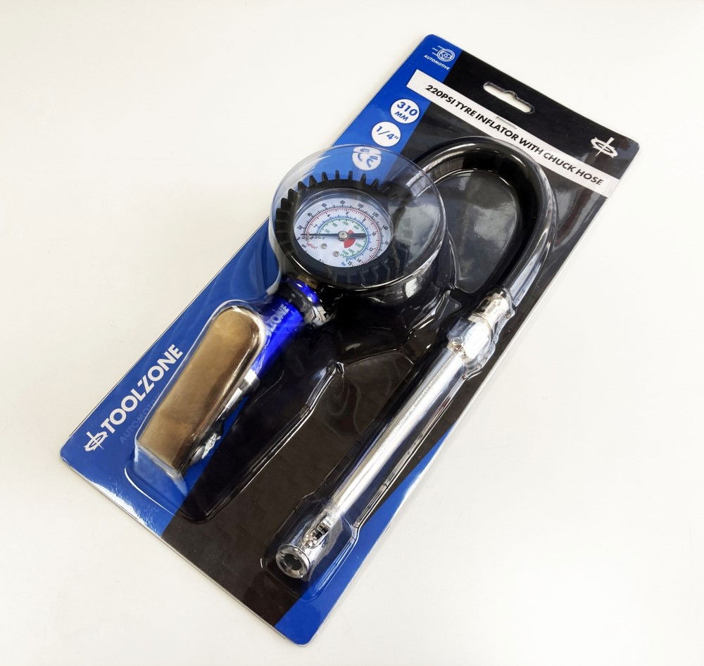 TYRE INFLATOR WITH CHUCK HOSE 220psi 1/4 AIR INLET 310mm HOSE - TOOLZONE KDPAU361
