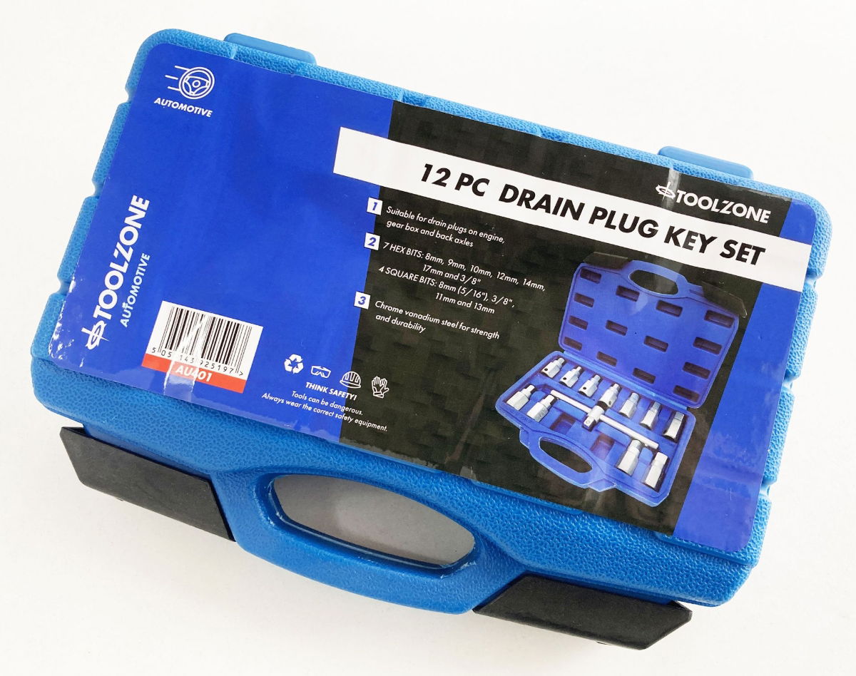 DRAIN PLUG KEY SET 12pc HEX AND SQUARE BITS - TOOLZONE KDPAU401