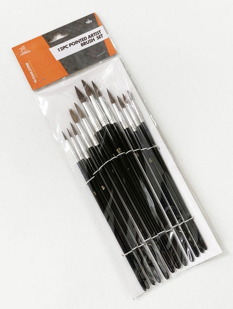 ARTIST BRUSHES 12PC POINTED SIZES 1-12 WOOD HANDLE - TOOLZONE KDPBR012