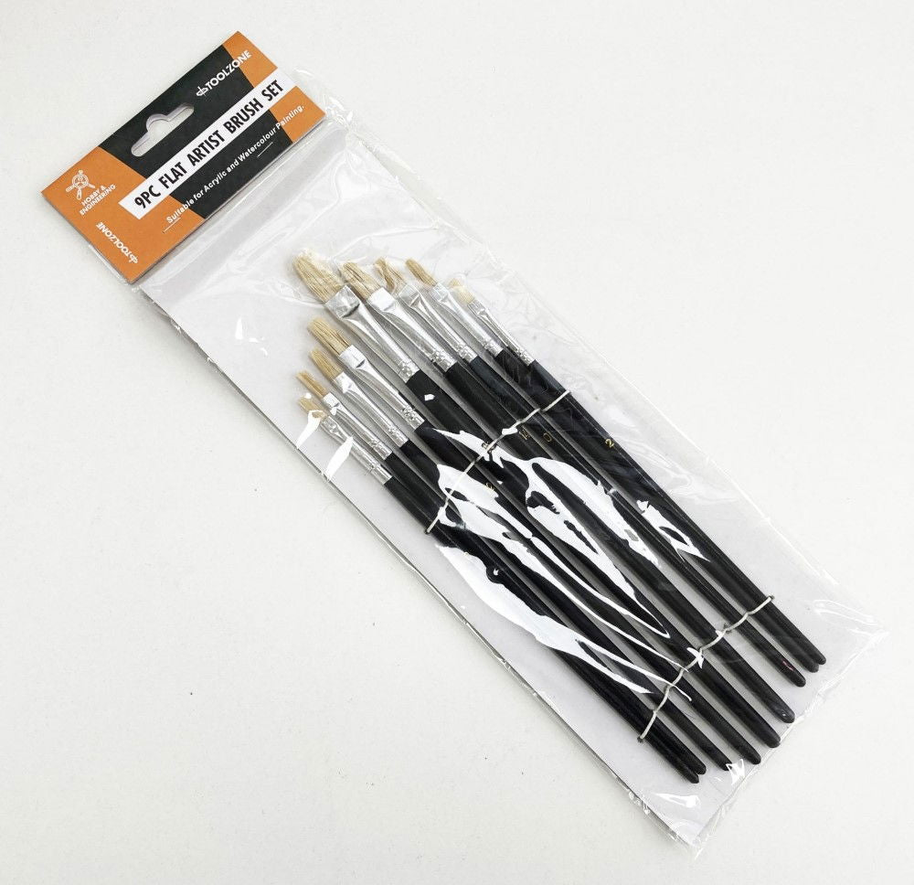 ARTIST BRUSHES 9PC FLAT SIZES 0-16 WOOD HANDLE - TOOLZONE KDPBR013