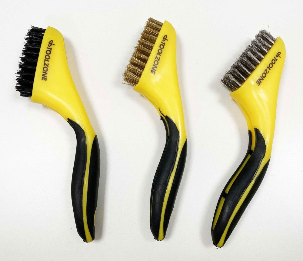 WIRE BRUSH SET 3PC WIDE 20cm STAINLESS STEEL NYLON BRASS - TOOLZONE KDPBR063