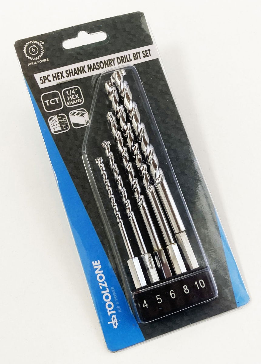 MASONRY DRILL BIT SET 5PC HEX SHANK 4-10mm TCT TIPPED - TOOLZONE KDPDR028