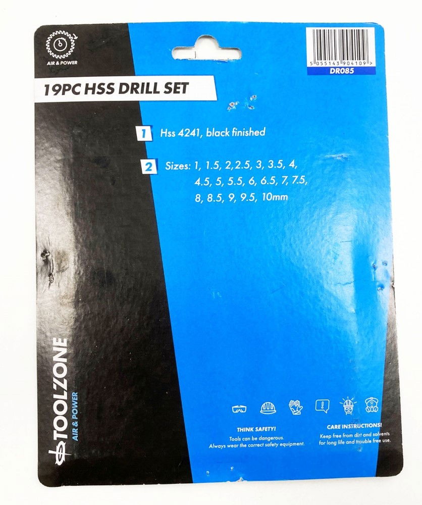 DRILL BIT SET HSS JOBBER 19PC 1-10mm - TOOLZONE KDPDR085