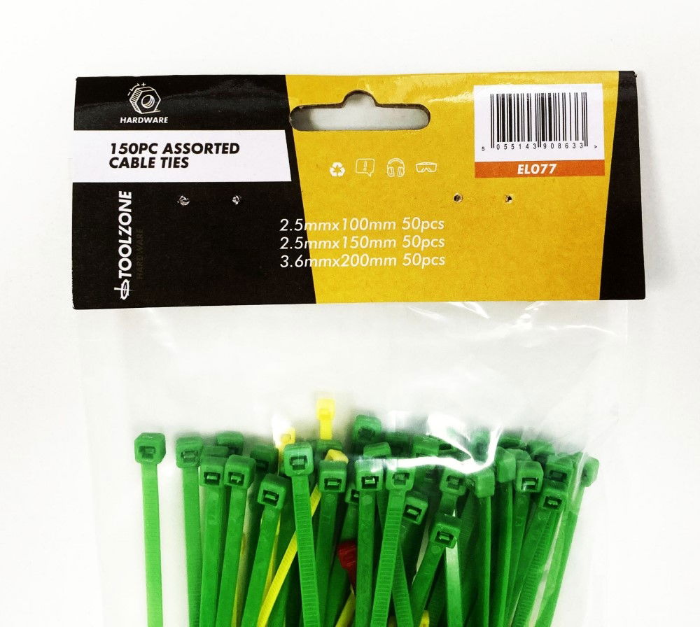CABLE TIES ASSORTED 150PC 2.5mm x 100mm 2.5mm x 150mm 3.6mm x 200mm - TOOLZONE KDPEL077