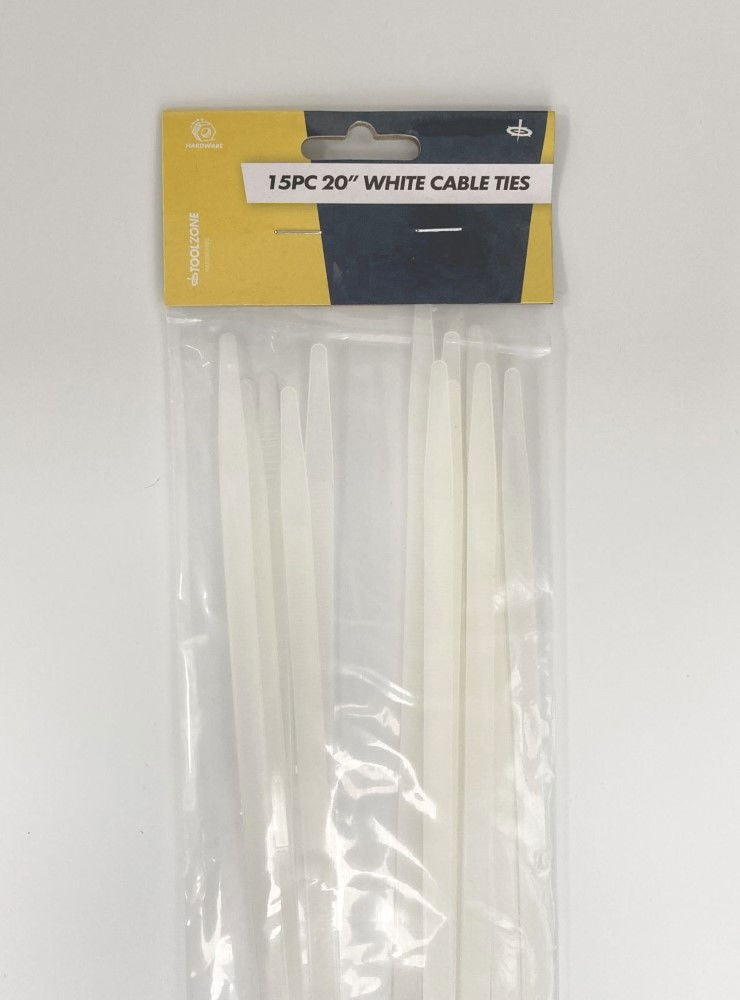 CABLE TIES 15PC 20 WHITE 7mm WIDE NYLON 66 - TOOLZONE KDPEL080