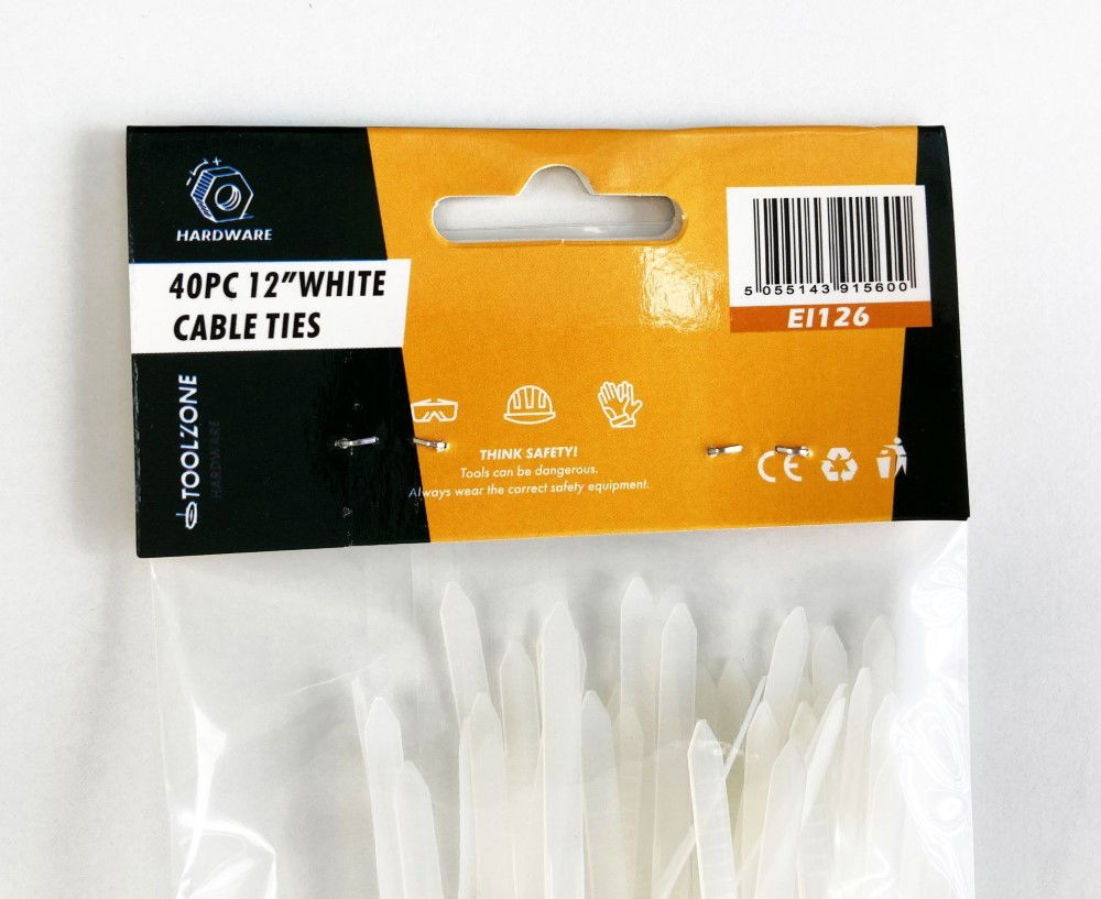 CABLE TIES 40PC 12 WHITE 4.8mm WIDE NYLON 40 - TOOLZONE KDPEL126