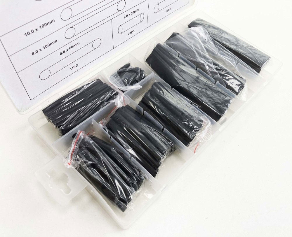 HEAT SHRINK TUBING ASSORTMENT 150PC BLACK WITH PLASTIC BOX - TOOLZONE KDPEL135