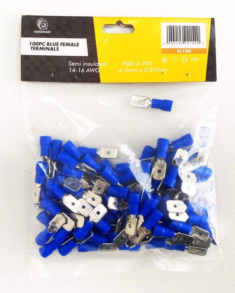 MALE TERMINALS 100PC BLUE SEMI INSULATED 14-16 awg 6.3 x 0.8 x 0.4mm - TOOLZONE KDPEL140