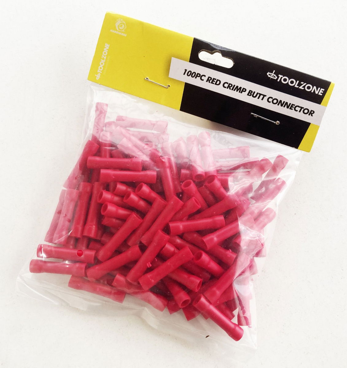 CRIMP BUTT CONNECTORS 100PC RED INSULATED 0.5-1.5mm² - TOOLZONE KDPEL143