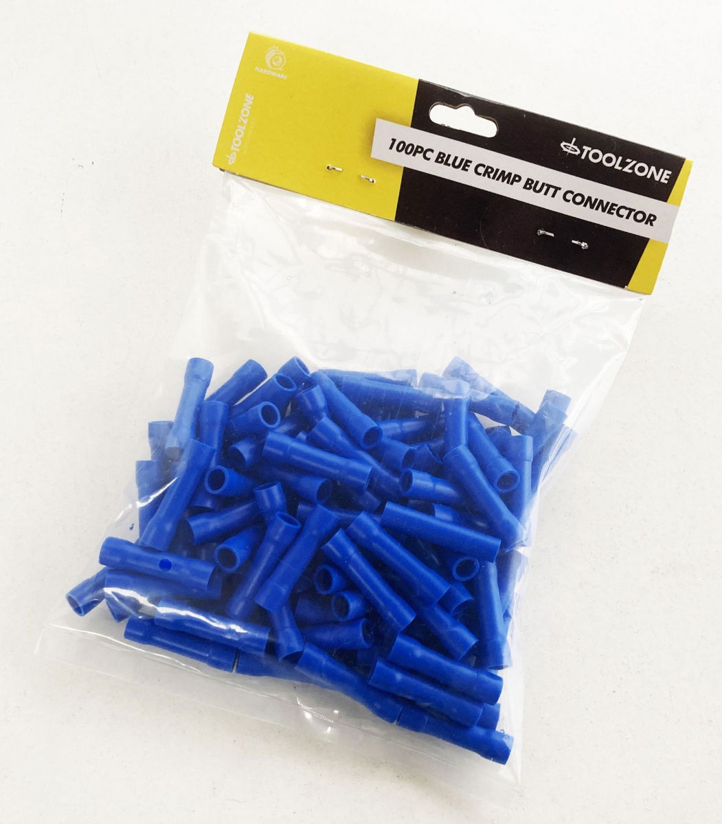 CRIMP BUTT CONNECTORS 100PC BLUE INSULATED 1.5-2.5mm² - TOOLZONE KDPEL144