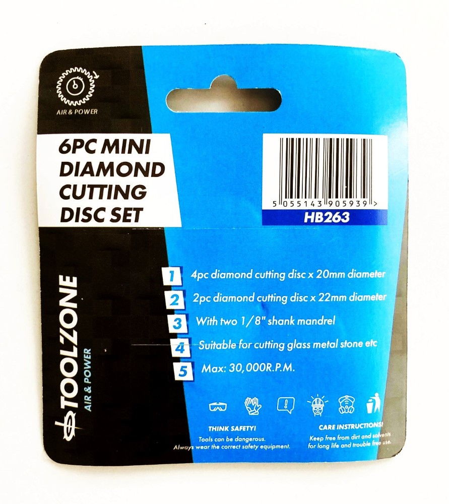 MINI DIAMOND CUTTING DISCS 6pc 20mm 22mm 3.2mm SHANK 0.65mm THICKNESS - TOOLZONE KDPHB263