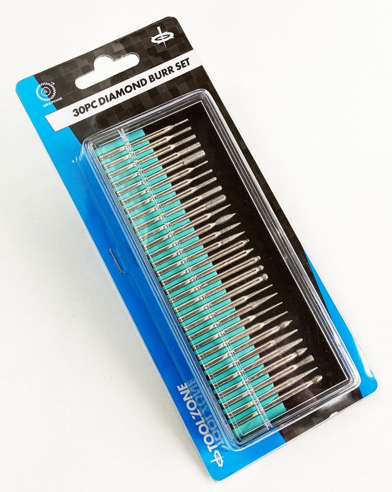 DEBURRING AND ENGRAVING SET 30pc 150GRIT DIAMOND 3.17mm SHANK 40-50mm LENGTH - TOOLZONE KDPHB265