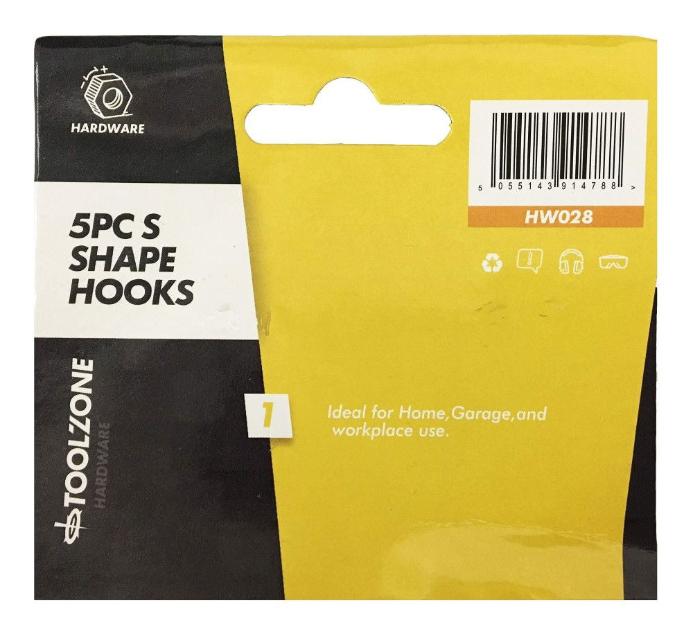S HOOKS 5pc SMALL 100mm x 5mm CHROME PLATED STEEL BALL END - TOOLZONE KDPHW028