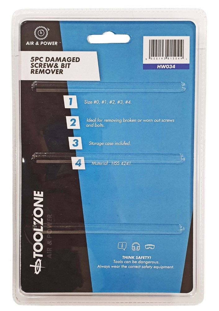 DAMAGED SCREW AND DRILL BIT REMOVER SET 5pc HSS4241 STEEL - TOOLZONE KDPHW034